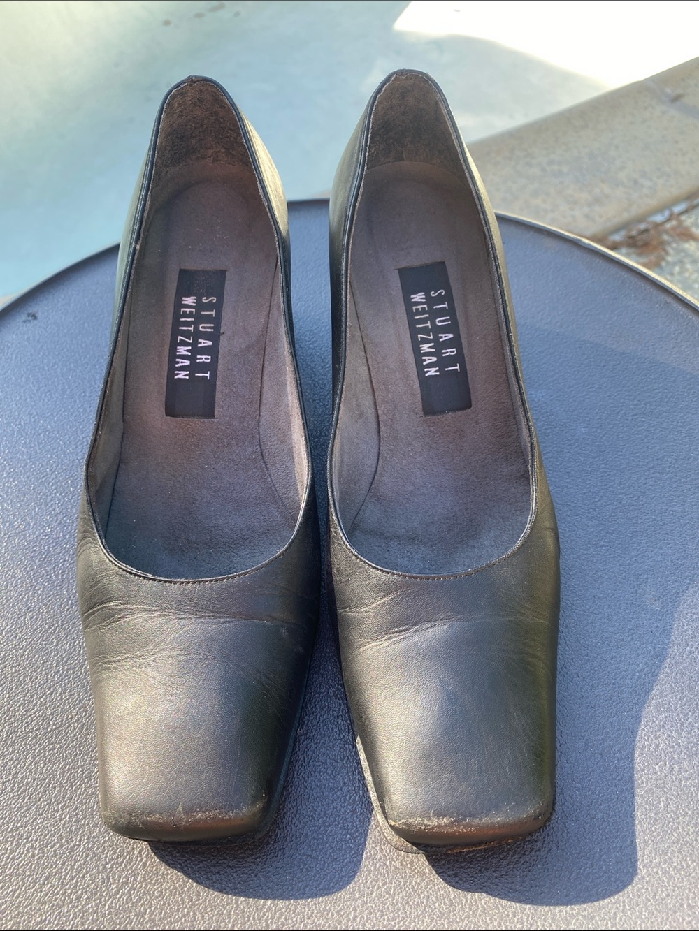 Stuart Weitzman Black Leather Square-Toe Pumps